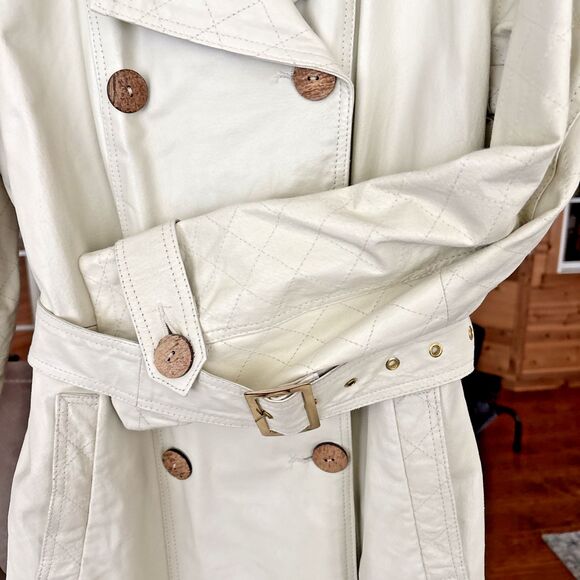 IMAN Leather Trench Coat Jacket Women M Cream Chic Retro Elegant Old World Fall - Picture 8 of 16